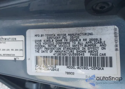 2002 Toyota Camry Xle from USA, damaged, VIN 4T1BE32K72U599545